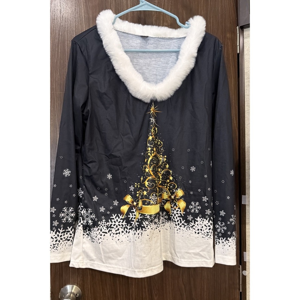 Women's Christmas V-Neck blouse Faux Fur Trim, Long Sleeve Festive Pullover. M